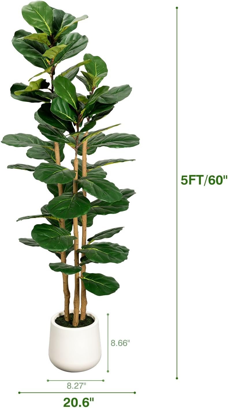 5ft Artificial Fiddle Leaf Fig Tree with Modern White Planter - Image 2