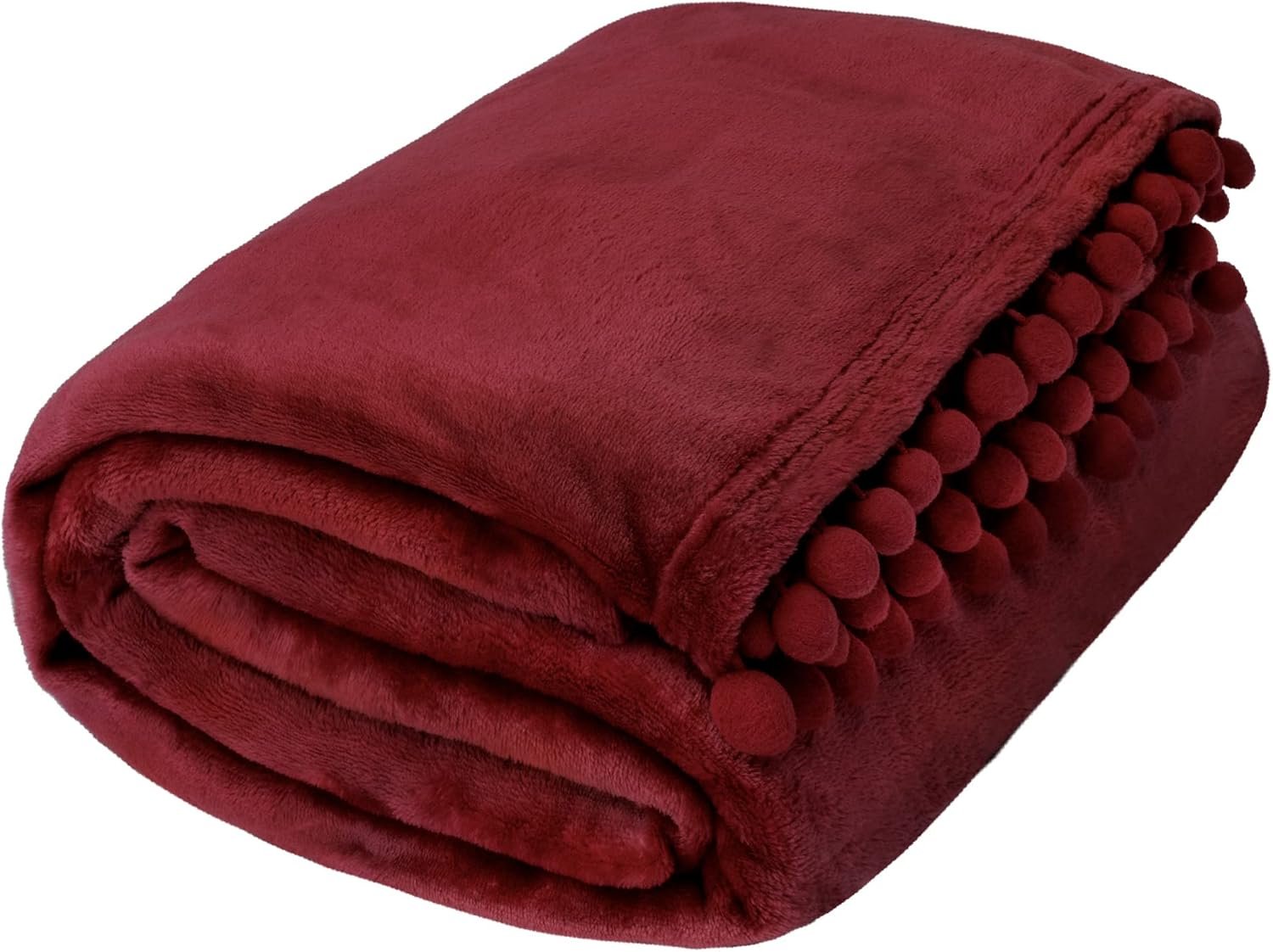 Burgundy Fleece Throw Blanket with Pom-Pom Fringe - Image 7