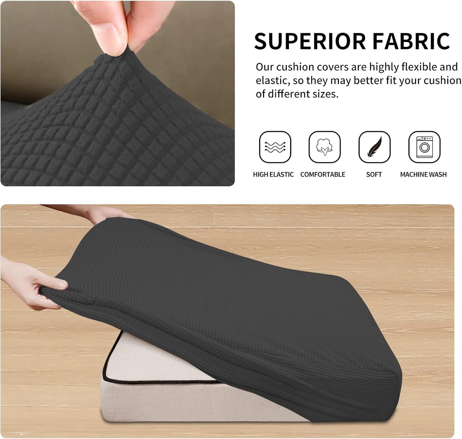 Dark Gray Stretch Seat Covers – Flexible Sofa Cushion Protector Set of 3 - Image 3