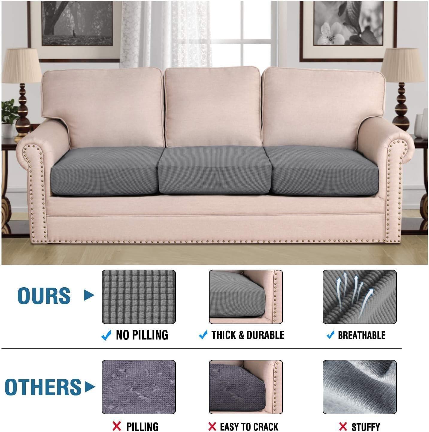 Stretch Sofa Cushion Covers – Set of 3 Jacquard Seat Covers in Grey - Image 2