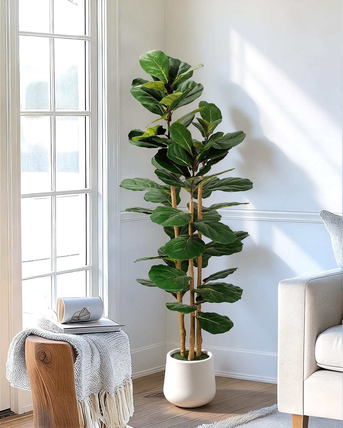5ft Artificial Fiddle Leaf Fig Tree with Modern White Planter - Image 4