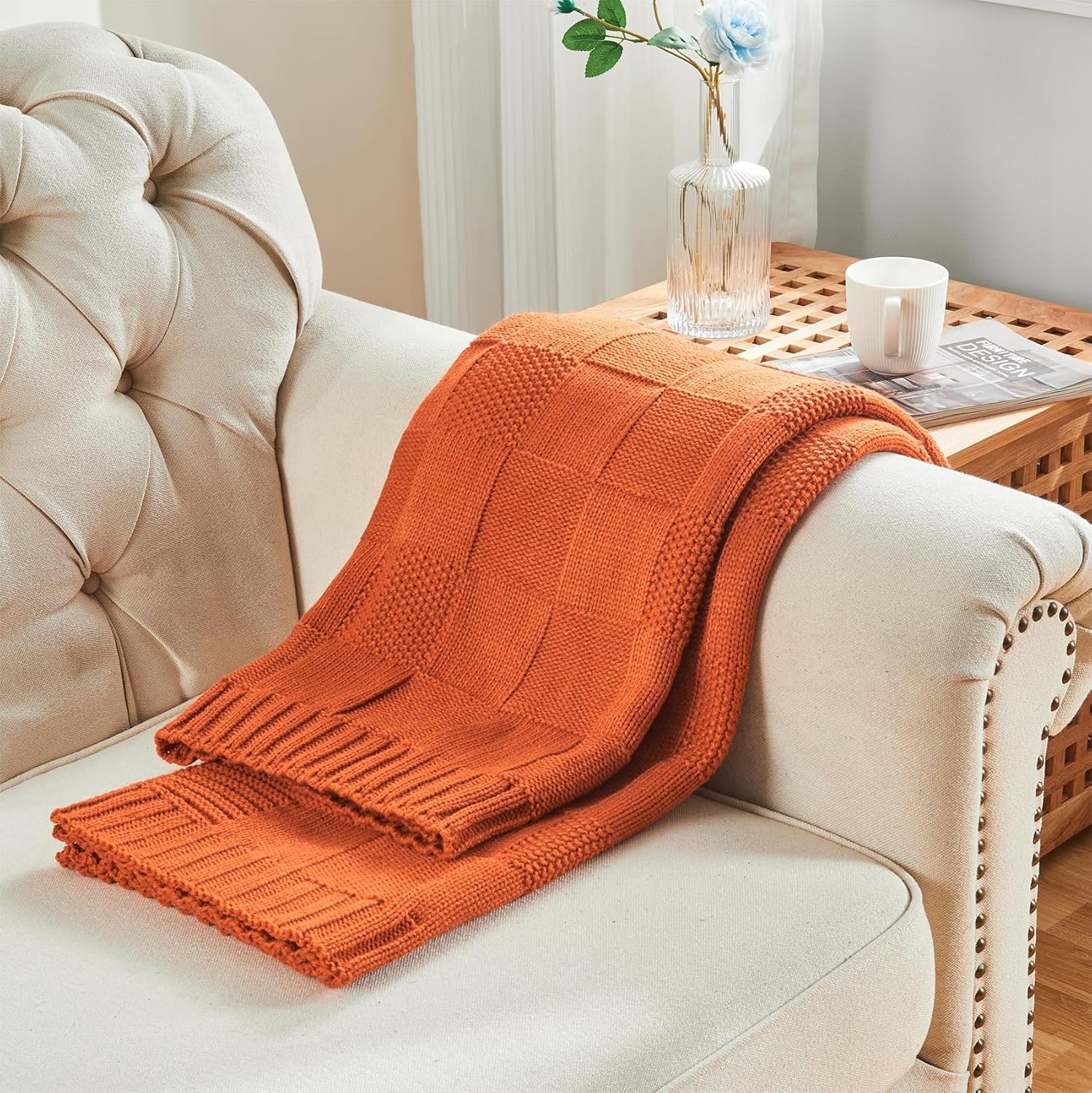 Rust Orange Check Knit Throw Blanket – Soft Decorative Blanket (60” × 80”) - Image 5
