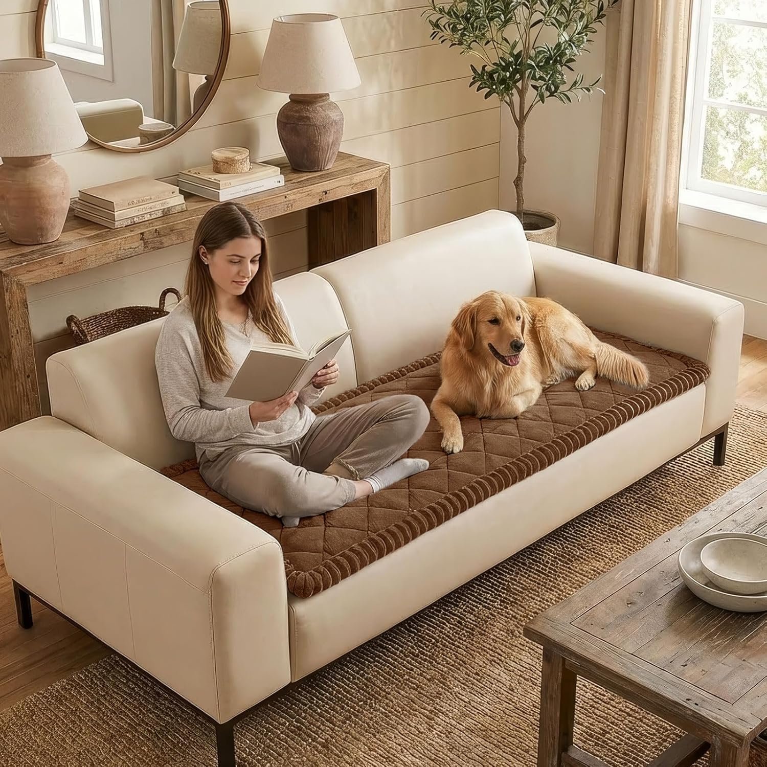 Brown Plush Sofa Cover – Soft Non-Slip Protector for 3-Cushion Couches - Image 3