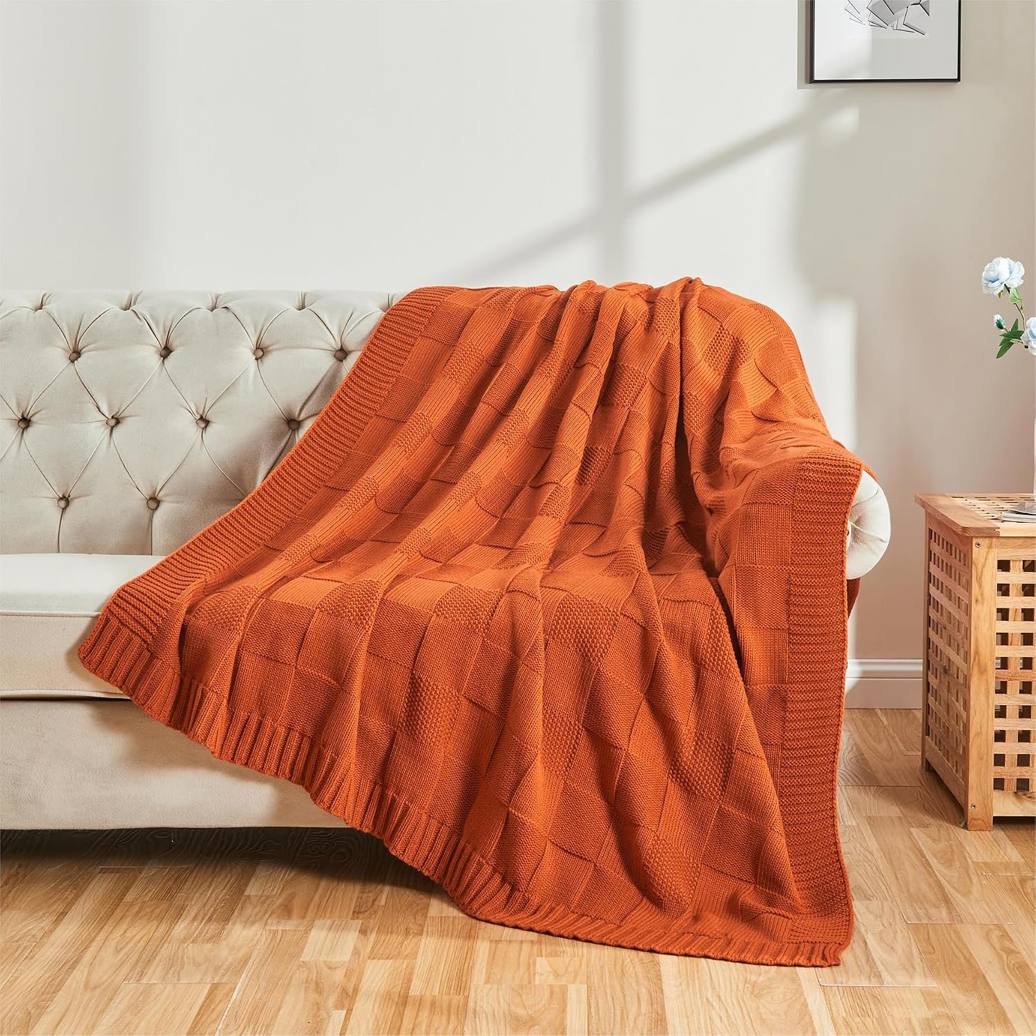 Rust Orange Check Knit Throw Blanket – Soft Decorative Blanket (60” × 80”) - Image 6