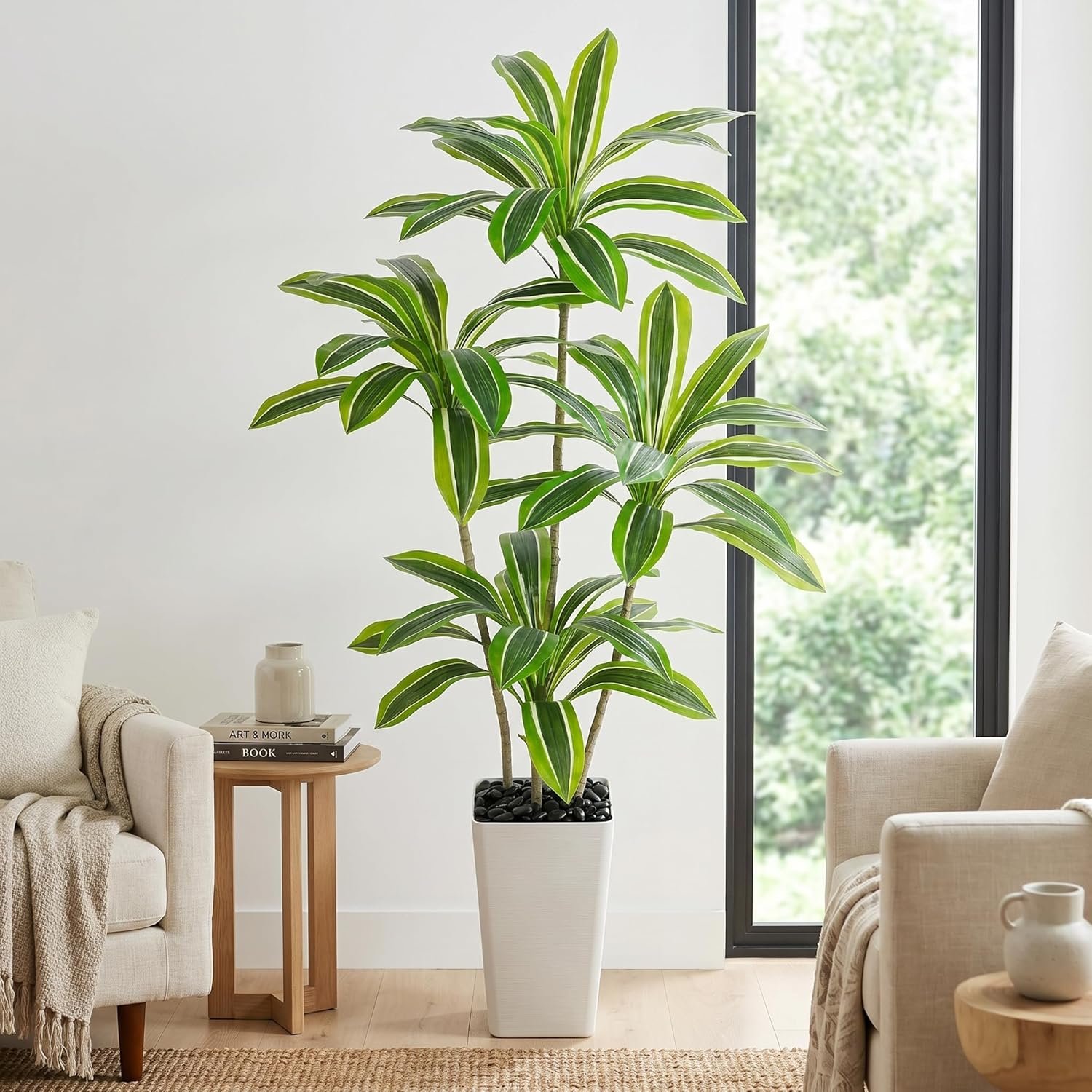 5ft Artificial Yellow Dracaena Tree with White Planter for Modern Home Decor - Image 4