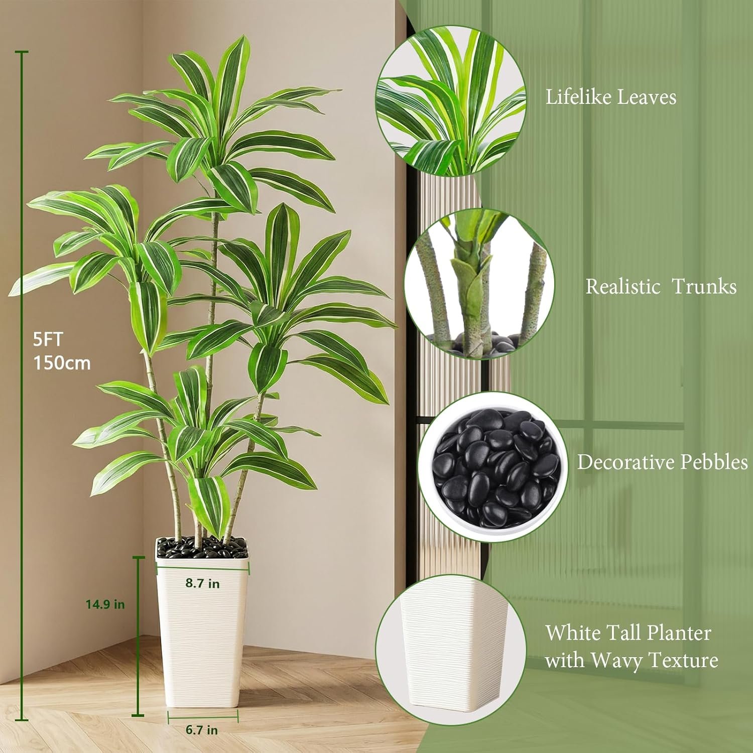 5ft Artificial Yellow Dracaena Tree with White Planter for Modern Home Decor - Image 5