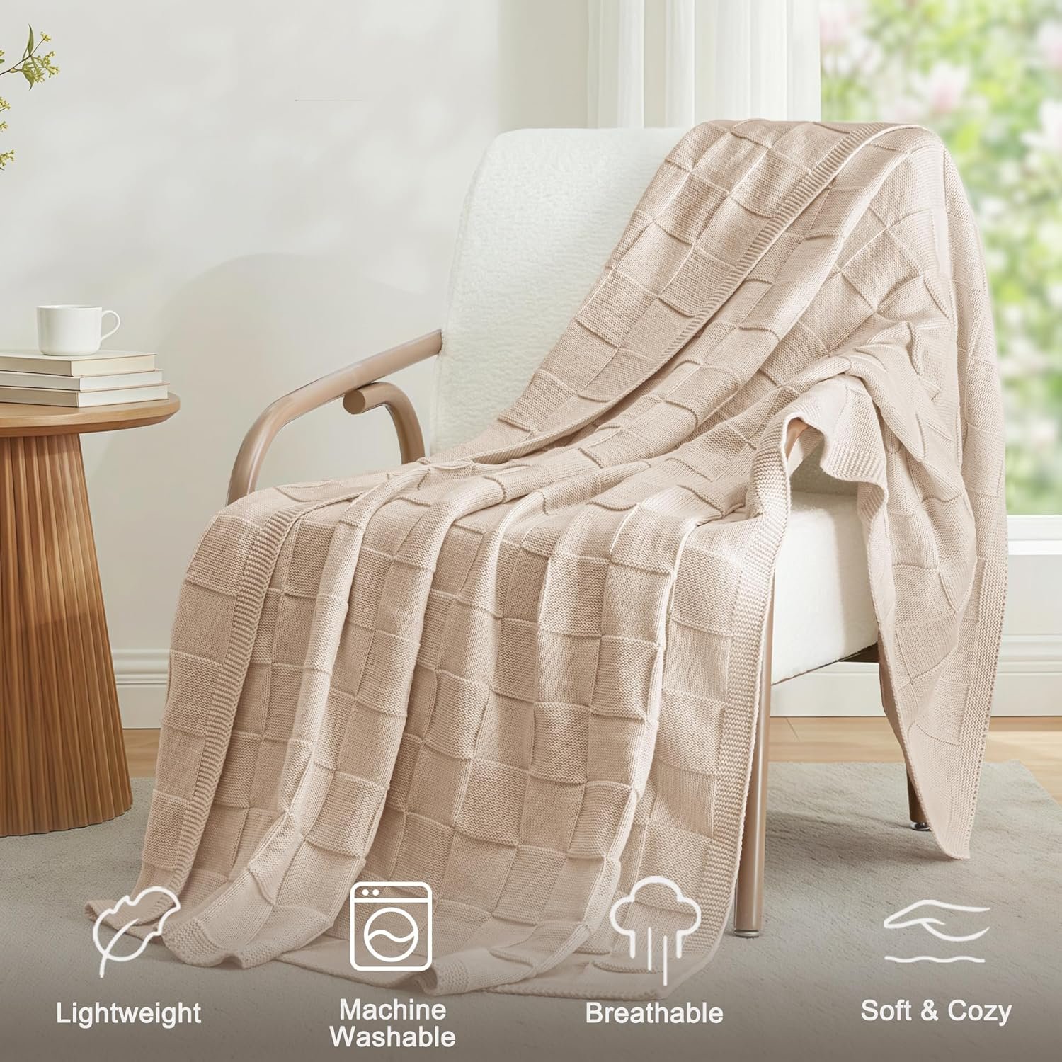 Camel Checkered Knit Throw Blanket – Soft Decorative Blanket (50” × 60”) - Image 2