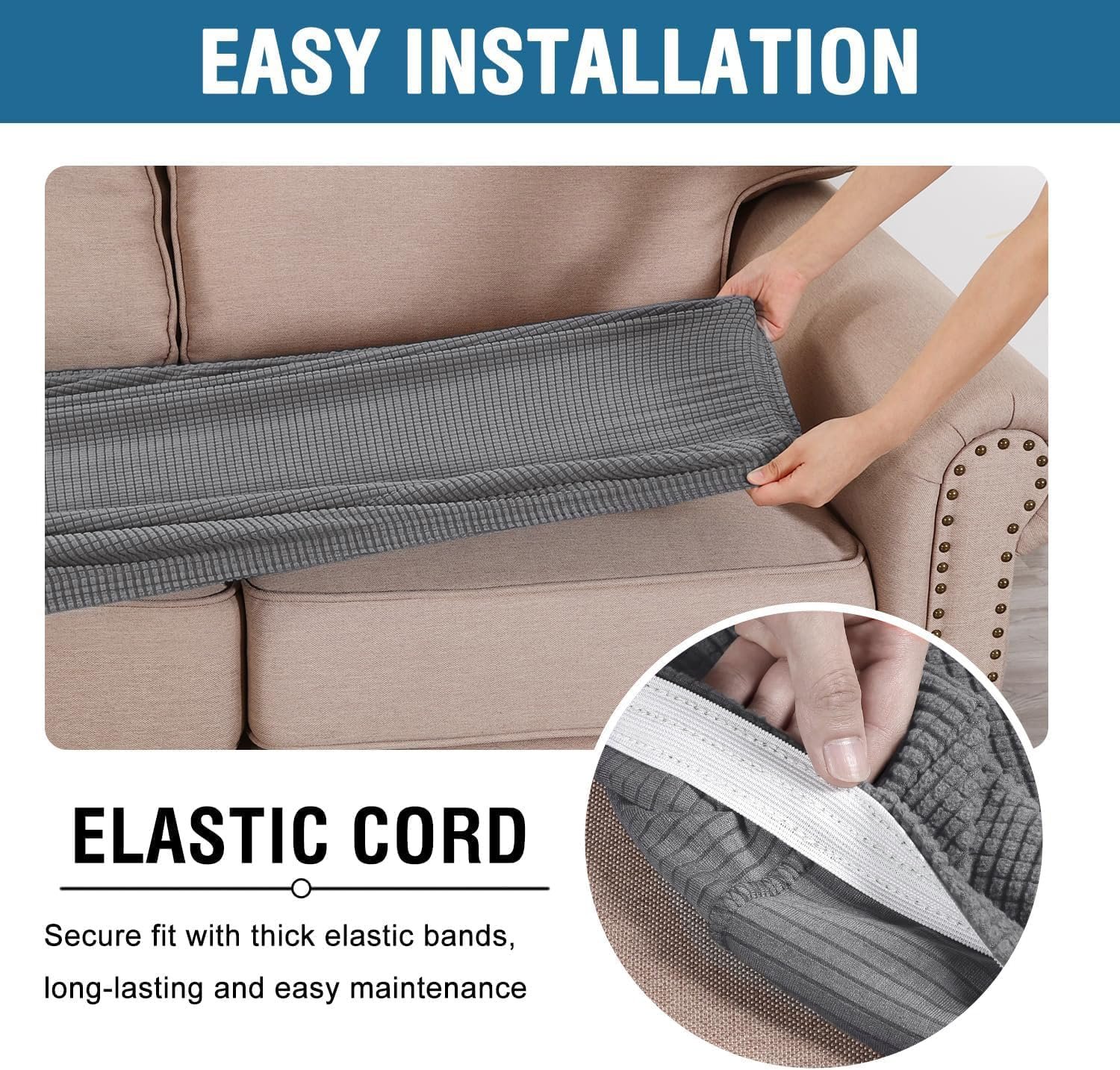 Stretch Sofa Cushion Covers – Set of 3 Jacquard Seat Covers in Grey - Image 5