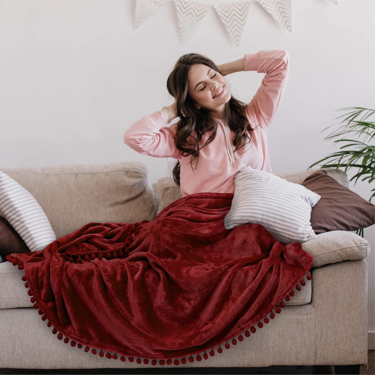 Burgundy Fleece Throw Blanket with Pom-Pom Fringe - Image 2