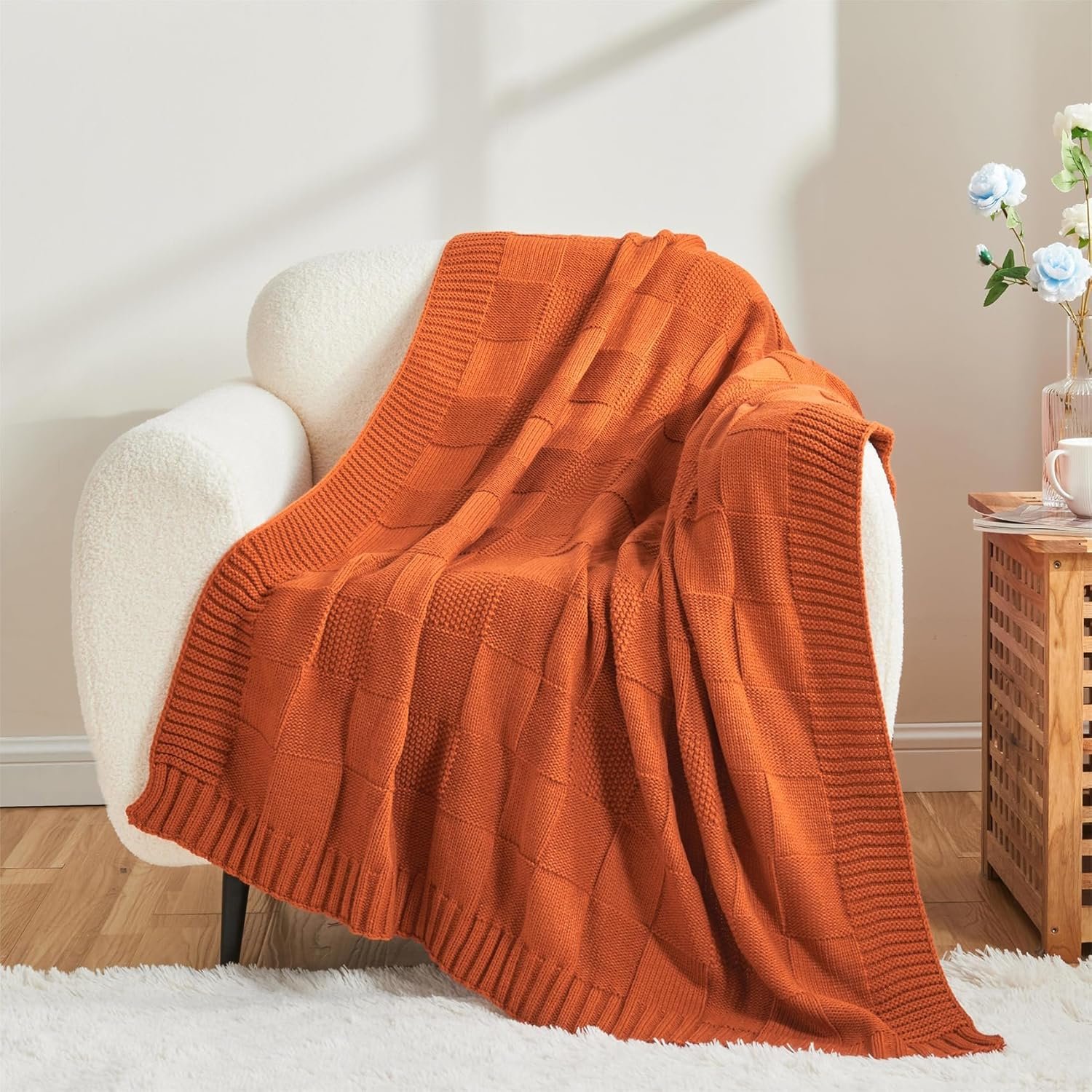 Rust Orange Check Knit Throw Blanket – Soft Decorative Blanket (60” × 80”) - Image 7