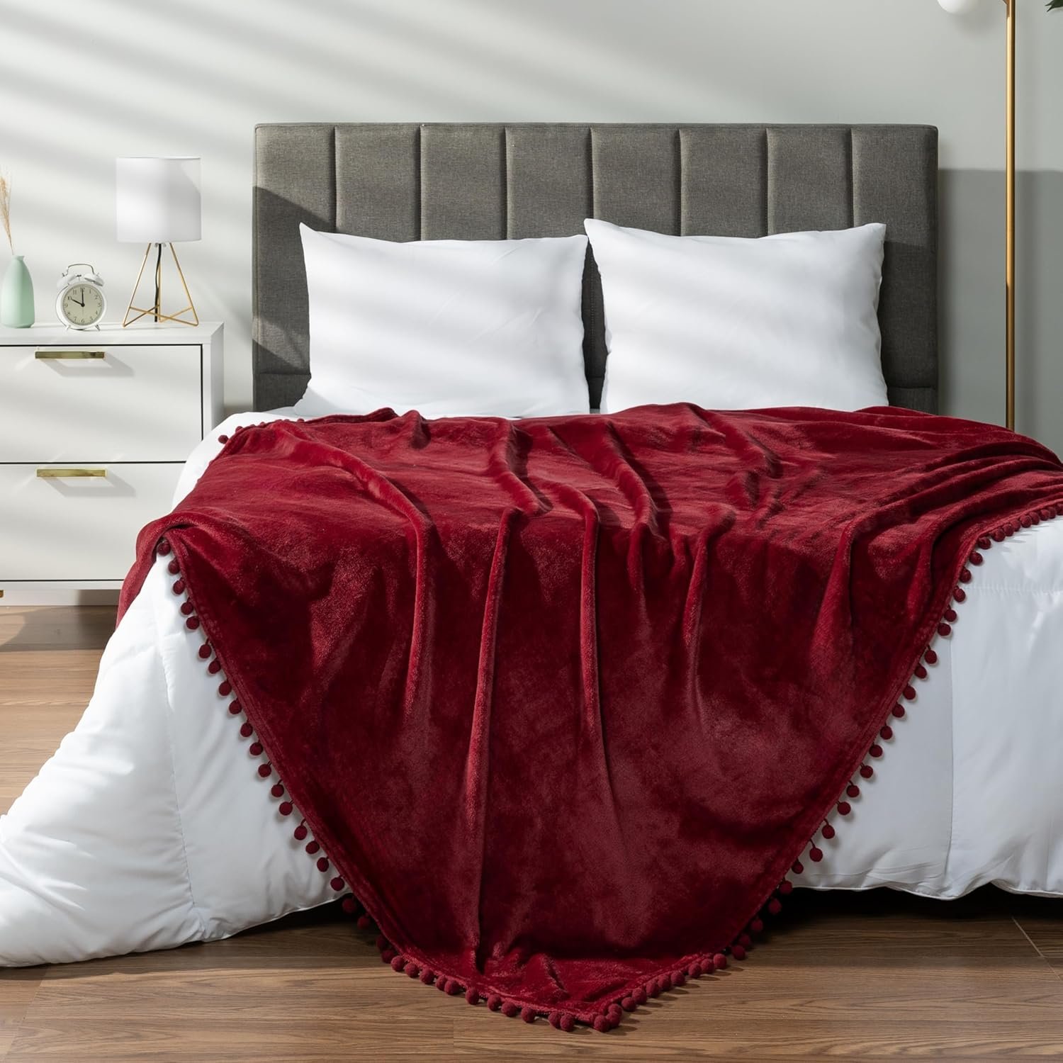 Burgundy Fleece Throw Blanket with Pom-Pom Fringe - Image 3
