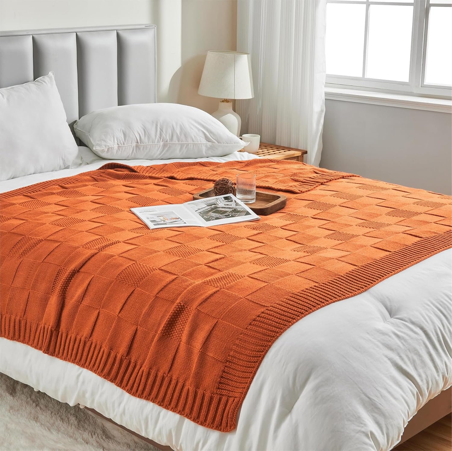 Rust Orange Check Knit Throw Blanket – Soft Decorative Blanket (60” × 80”) - Image 2