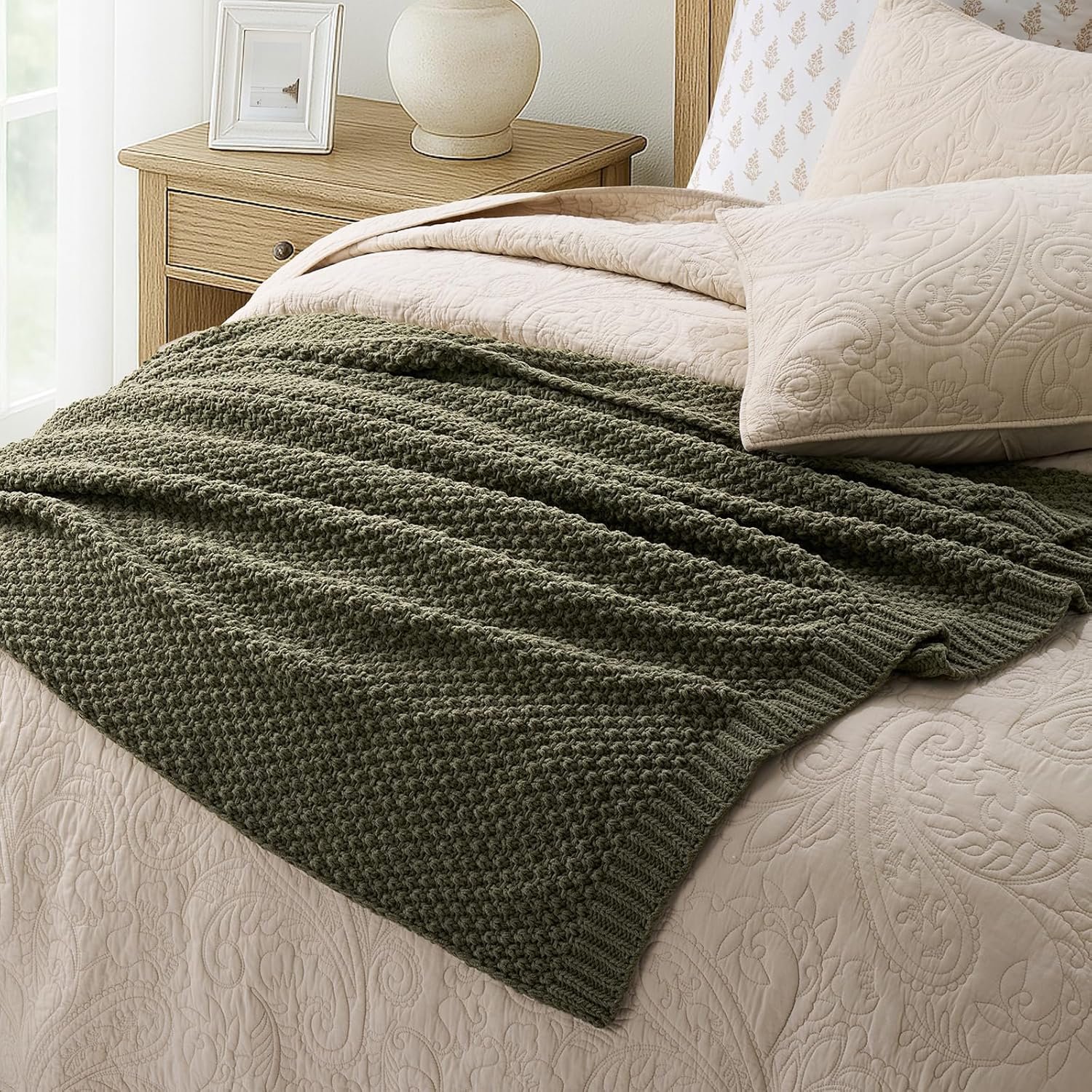 Olive Green Chunky Knit Throw Blanket – Soft Chenille Decorative Blanket (50” × 60”) - Image 4