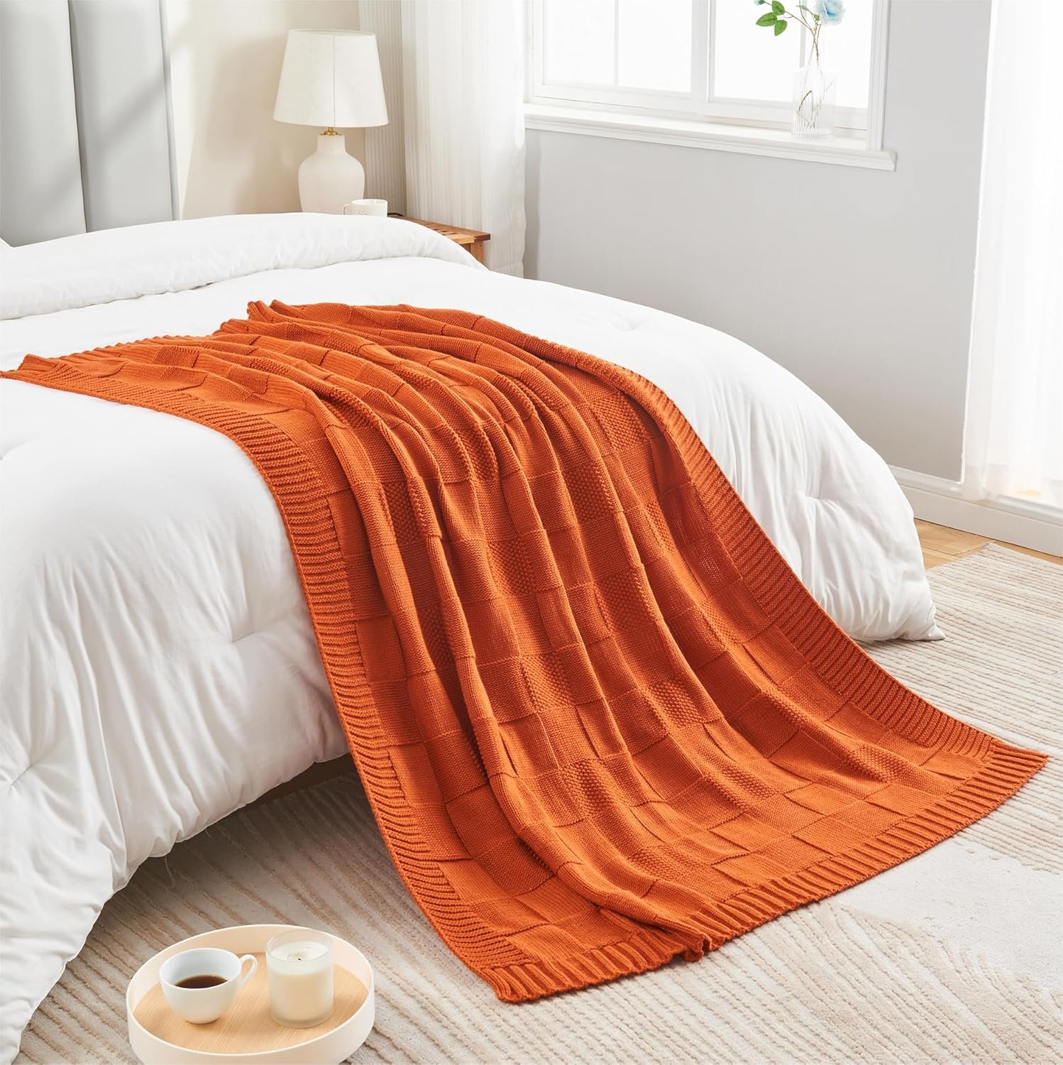 Rust Orange Check Knit Throw Blanket – Soft Decorative Blanket (60” × 80”) - Image 3