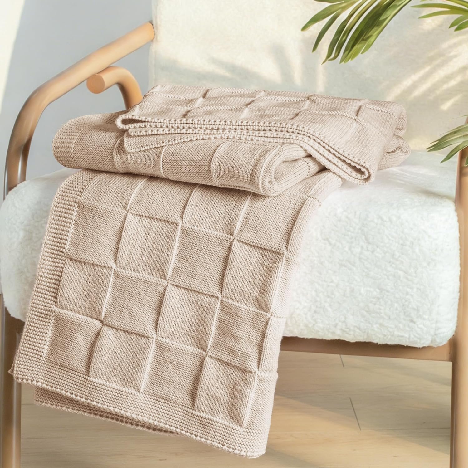Camel Checkered Knit Throw Blanket – Soft Decorative Blanket (50” × 60”) - Image 3