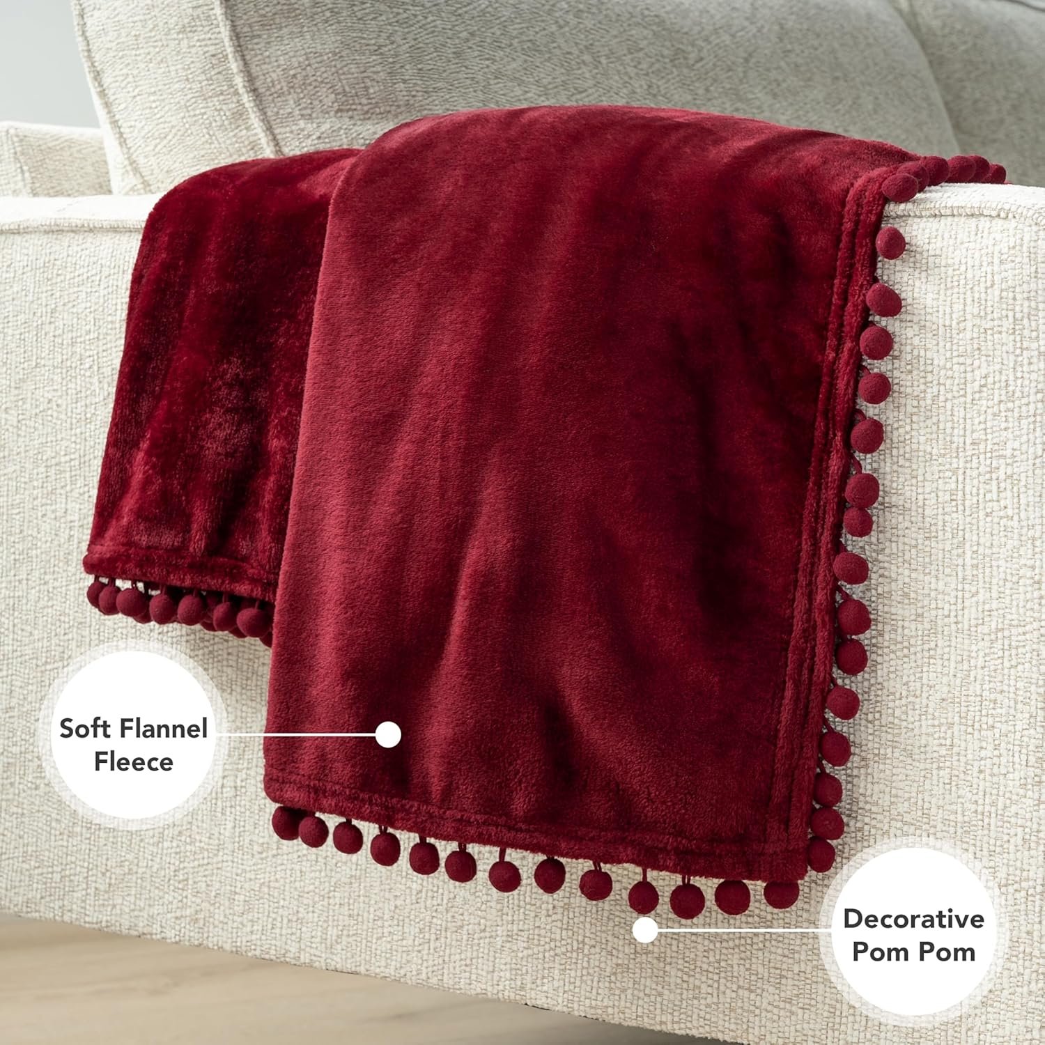 Burgundy Fleece Throw Blanket with Pom-Pom Fringe - Image 5
