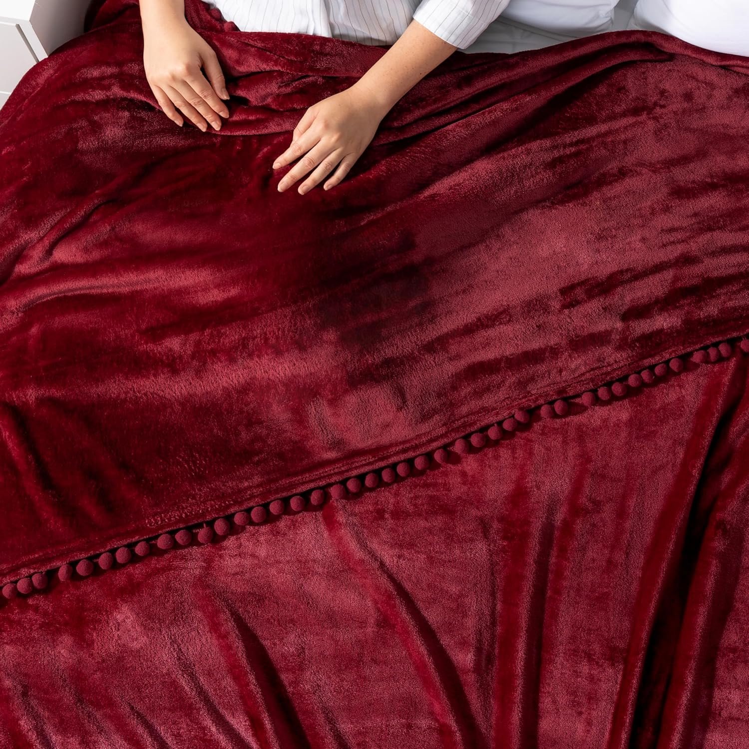 Burgundy Fleece Throw Blanket with Pom-Pom Fringe - Image 6