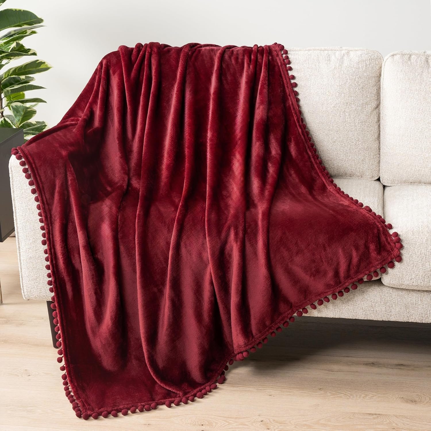 Burgundy Fleece Throw Blanket with Pom-Pom Fringe - Image 4