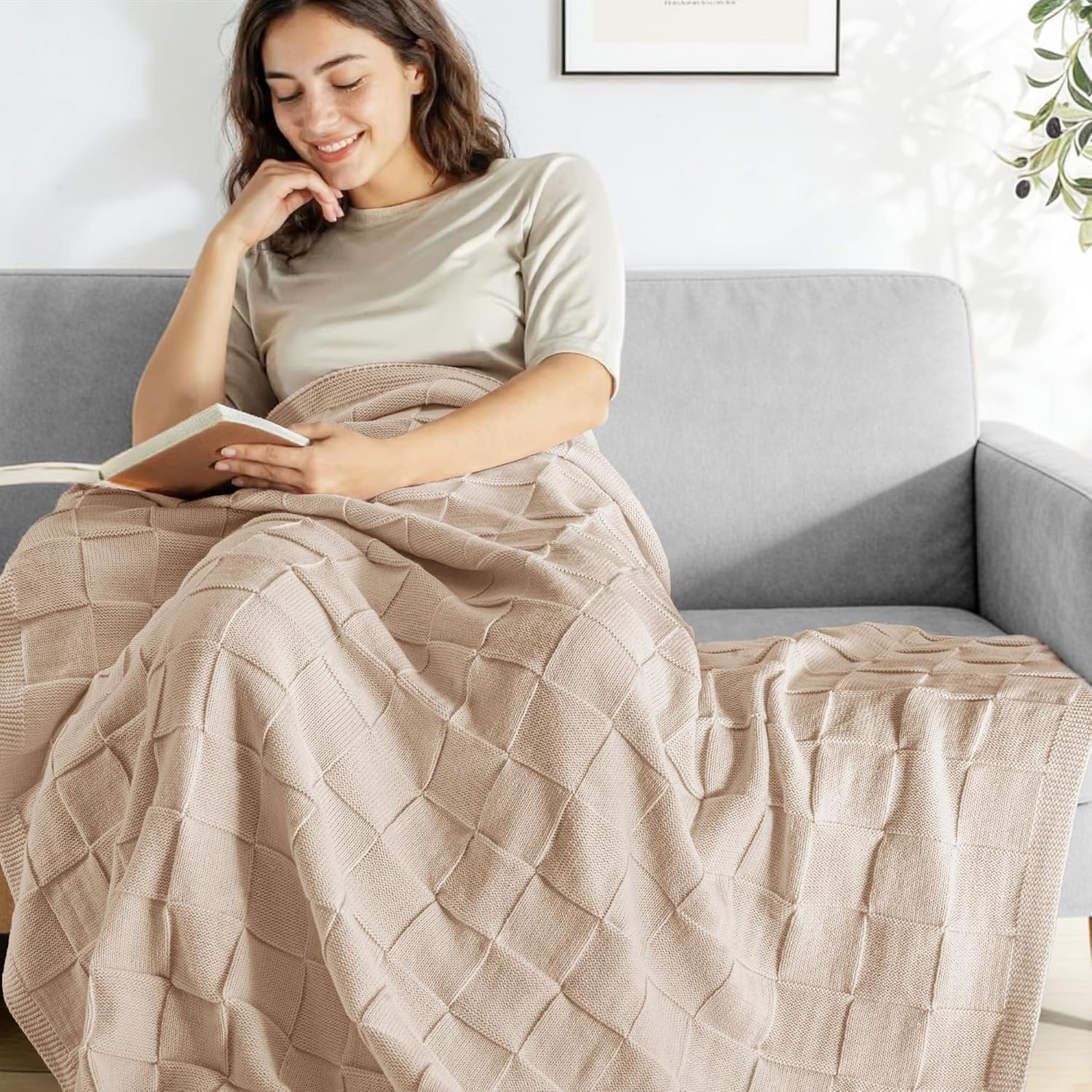Camel Checkered Knit Throw Blanket – Soft Decorative Blanket (50” × 60”) - Image 4