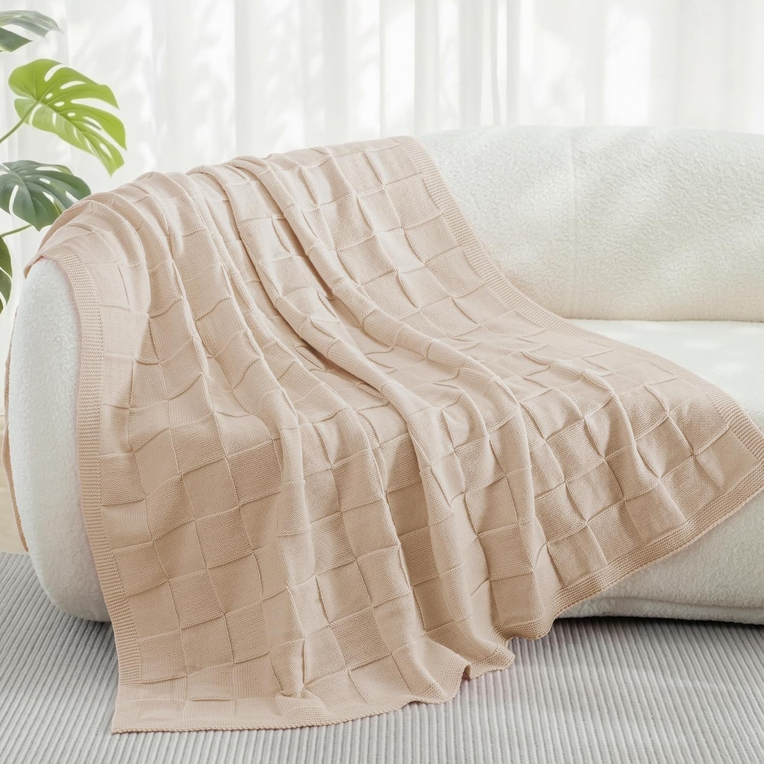 Camel Checkered Knit Throw Blanket – Soft Decorative Blanket (50” × 60”) - Image 5