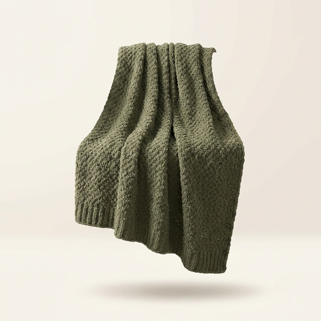 Olive Green Chunky Knit Throw Blanket – Soft Chenille Decorative Blanket (50” × 60”)