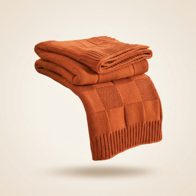 Rust Orange Check Knit Throw Blanket – Soft Decorative Blanket (60” × 80”)