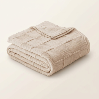 Camel Checkered Knit Throw Blanket – Soft Decorative Blanket (50” × 60”)