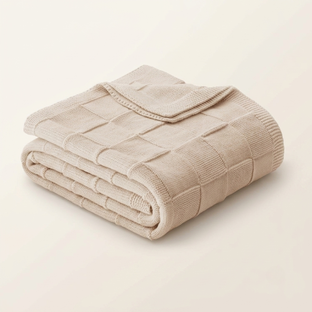 Camel Checkered Knit Throw Blanket – Soft Decorative Blanket (50” × 60”)