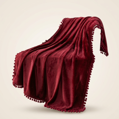 Burgundy Fleece Throw Blanket with Pom-Pom Fringe