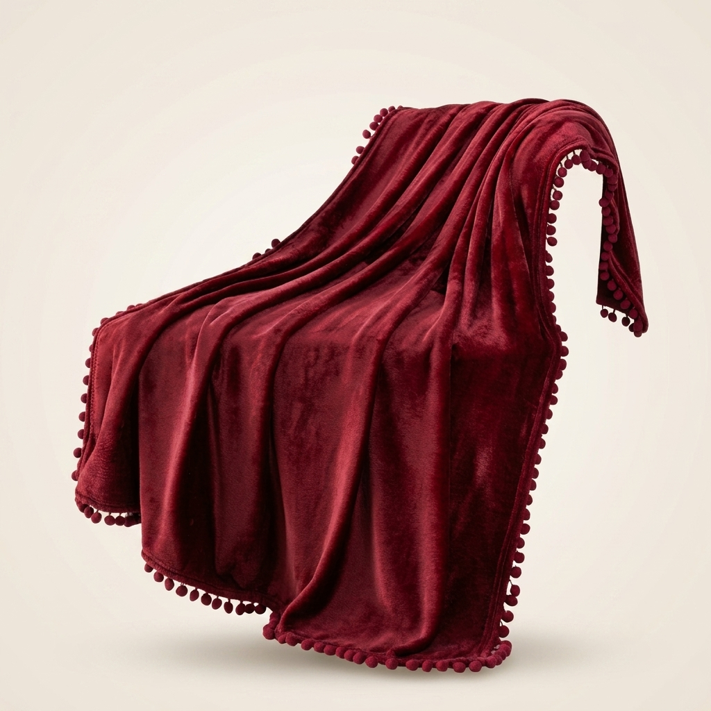 Burgundy Fleece Throw Blanket with Pom-Pom Fringe