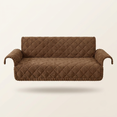 Brown Plush Sofa Cover – Soft Non-Slip Protector for 3-Cushion Couches